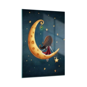 Quadro su vetro - Una ragazza sulla luna tra le stelle su uno sfondo blu navy - 50x70cm - Una volta... - Decorazione murale moderna per soggiorno e camera da letto ARTTOR