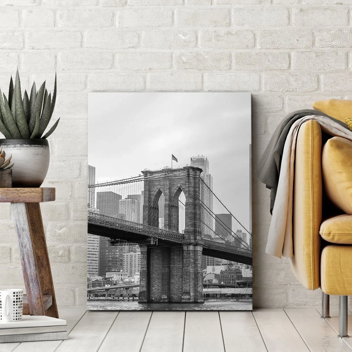 Quadro su tela - Stampe su Tela - Ponte di Brooklyn con i grattacieli di New York sullo sfondo - 70x100cm - Atmosfera di New York - Decorazione murale moderna per soggiorno e camera da letto ARTTOR