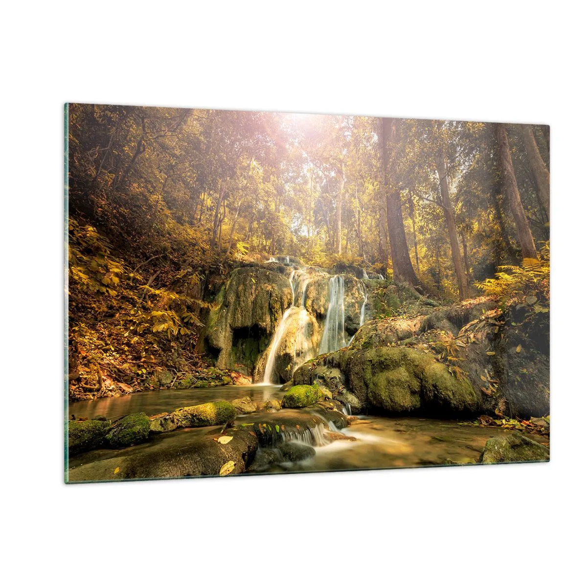Quadro su vetro - Cascata nella foresta nel verde - 120x80cm - Cascata boschiva in verde - Decorazione murale moderna per soggiorno e camera da letto ARTTOR