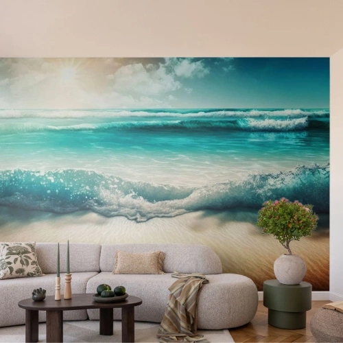 Fotomurali Standard Eco - Onde turchesi dell'oceano che si infrangono su una spiaggia sabbiosa - 100x70cm - La calma dell'oceano - Decorazione murale moderna per soggiorno e camera da letto ARTTOR