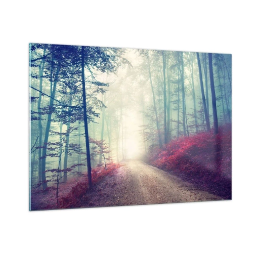 Quadro su vetro - Strada forestale nella nebbia con accenti rossi - 100x70cm - Come è bello alzarsi all'alba - Decorazione murale moderna per soggiorno e camera da letto ARTTOR