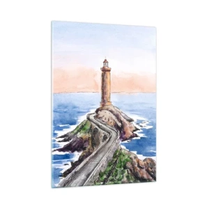 Quadro su vetro - Un faro su un promontorio roccioso circondato da un mare calmo - 50x70cm - Rivolto verso il mare - Decorazione murale moderna per soggiorno e camera da letto ARTTOR