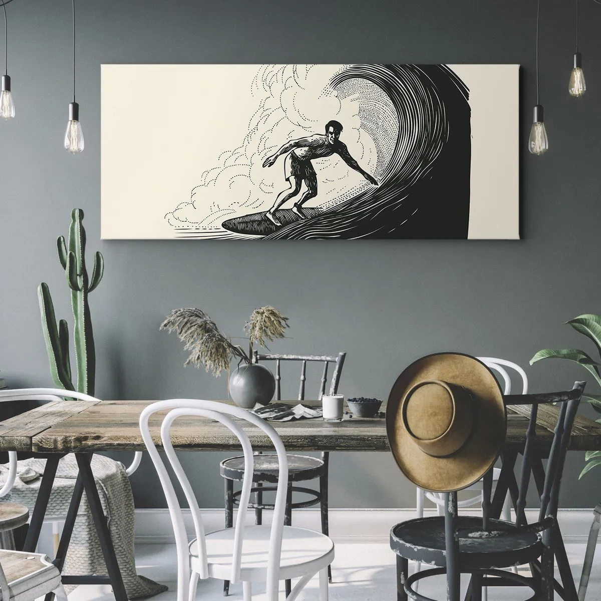 Quadro su tela - Stampe su Tela - Grafica in bianco e nero di un surfista che cavalca un'onda - 140x50cm - Il re delle onde - Decorazione murale moderna per soggiorno e camera da letto ARTTOR