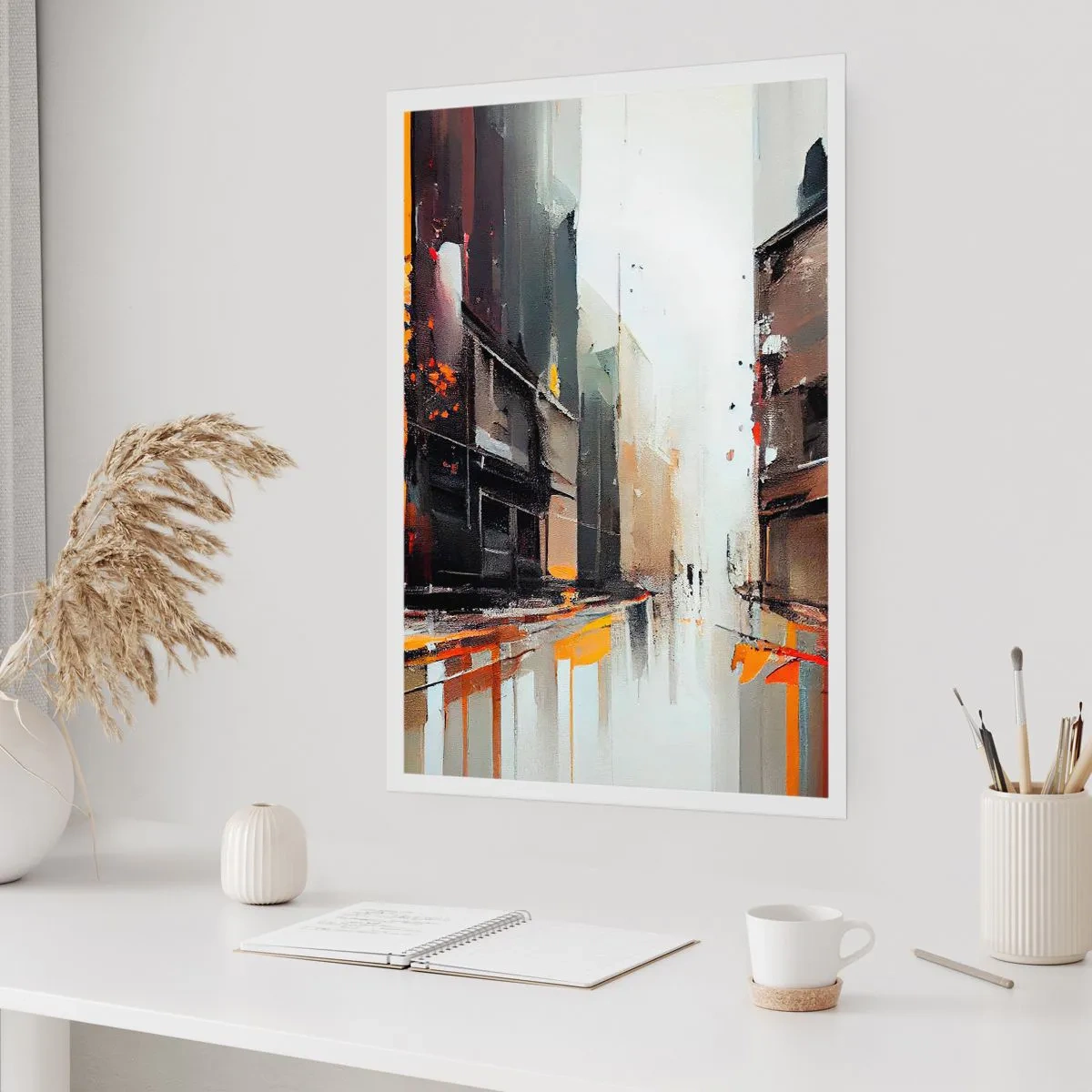 Poster - Panorama urbano astratto nei toni del grigio e dell'arancione - 50x70cm - Un giorno di pioggia - Decorazione murale moderna per soggiorno e camera da letto ARTTOR