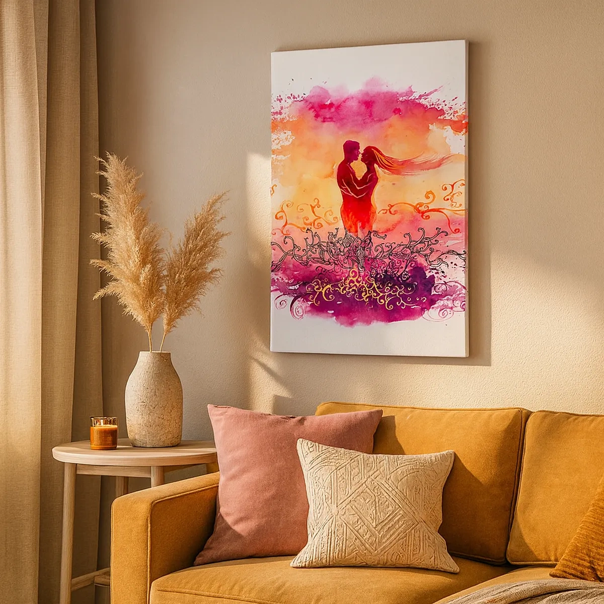 Quadro su tela - Stampe su Tela - Una coppia abbracciata su uno sfondo astratto rosa e arancione - 50x70cm - Un unico cuore! Mi basta così poco... - Decorazione murale moderna per soggiorno e camera da letto ARTTOR