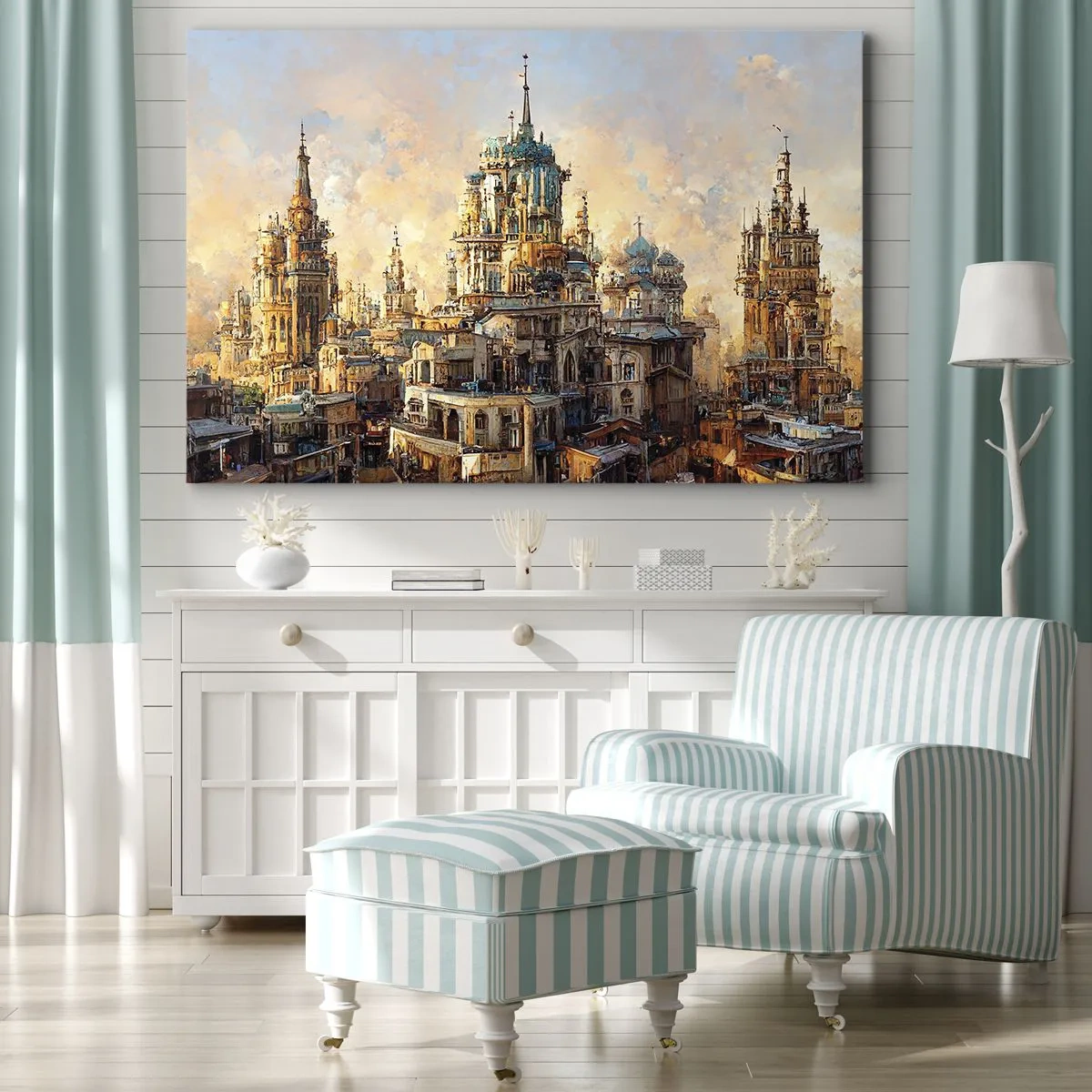 Quadro su tela - Stampe su Tela - Torri architettoniche nei raggi del sole al tramonto - 70x50cm - La città delle città - Decorazione murale moderna per soggiorno e camera da letto ARTTOR