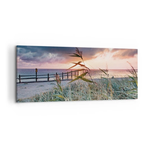 Quadro su tela - Stampe su Tela - Spiaggia al tramonto con erba in primo piano - 120x50cm - Non andrà via col vento - Decorazione murale moderna per soggiorno e camera da letto ARTTOR