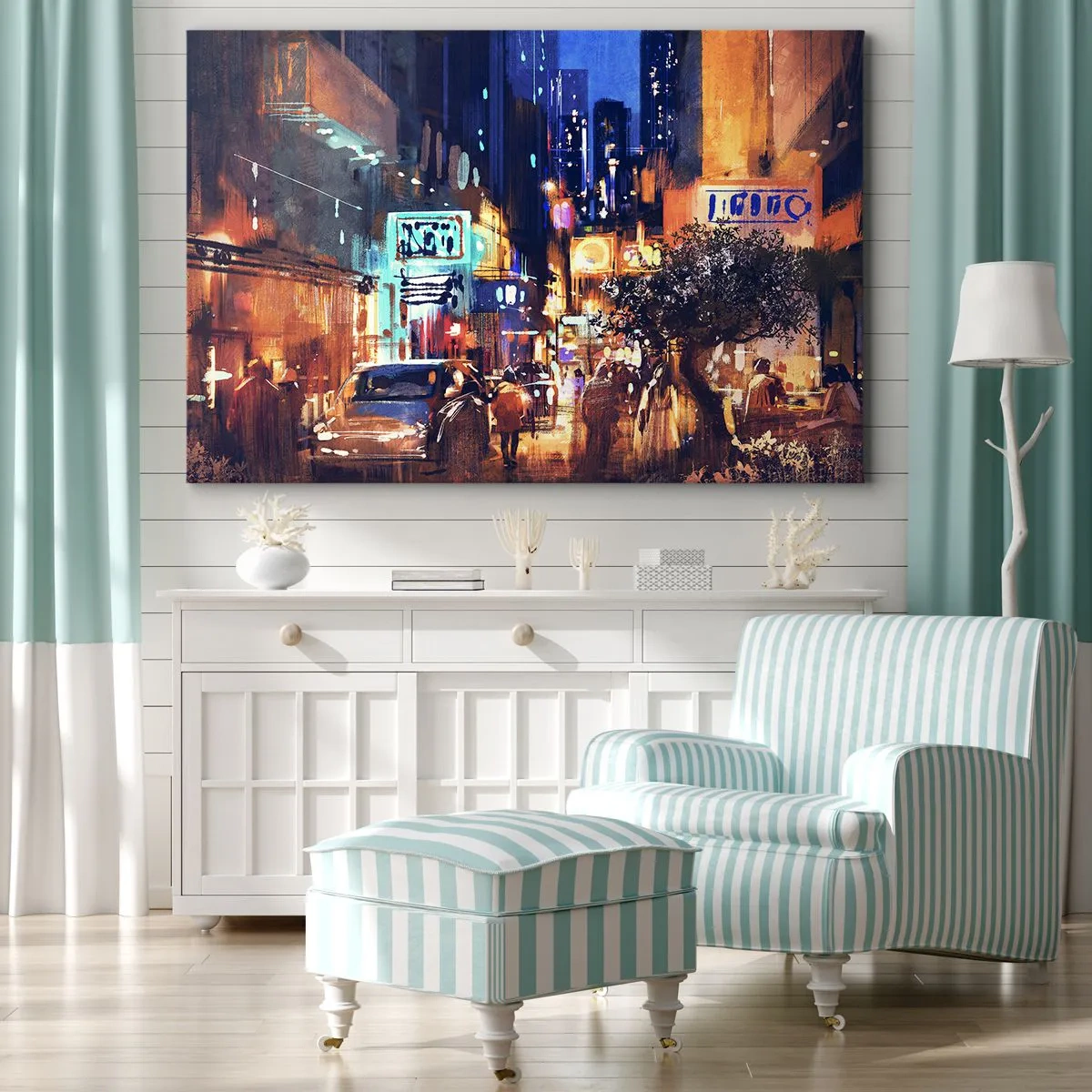 Quadro su tela - Stampe su Tela - Paesaggio urbano serale in stile impressionista - 100x70cm - Ma la città non dorme - Decorazione murale moderna per soggiorno e camera da letto ARTTOR