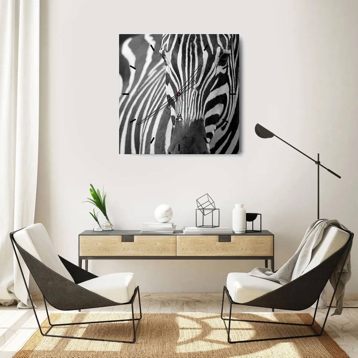 Orologio da parete - Orologio in Vetro - Primo piano in bianco e nero di una zebra con le sue strisce distintive. - 30x30cm - Il mondo è in bianco e nero - Decorazione murale moderna per soggiorno e camera da letto ARTTOR