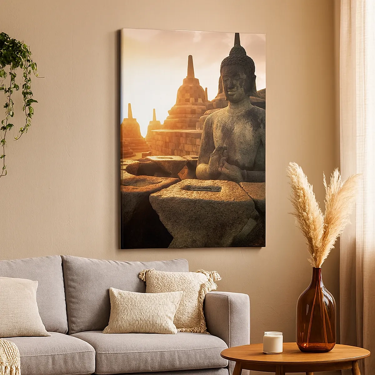 Quadro su tela - Stampe su Tela - Statua del Buddha al tempio di Borobudur al tramonto - 50x70cm - La pagoda della grande saggezza - Decorazione murale moderna per soggiorno e camera da letto ARTTOR