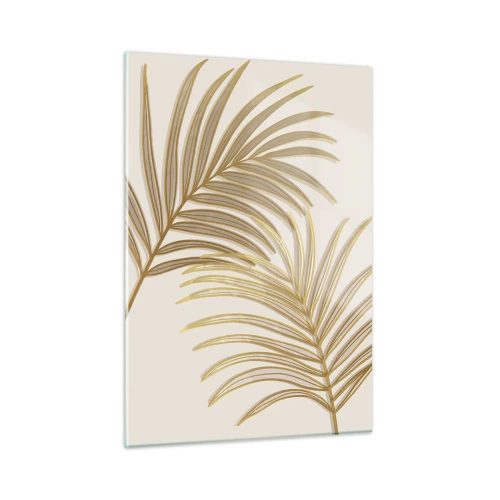 Quadro su vetro - Foglie di palma dorate su sfondo chiaro - 50x70cm - Palma d'oro! - Decorazione murale moderna per soggiorno e camera da letto ARTTOR