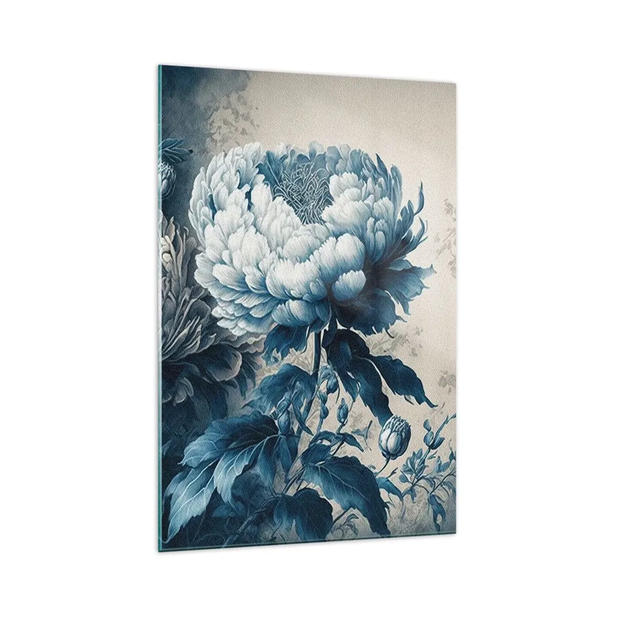 Quadro su vetro - Peonie blu su uno sfondo tenue con un motivo delicato - 70x100cm - Coppia perfetta - Decorazione murale moderna per soggiorno e camera da letto ARTTOR