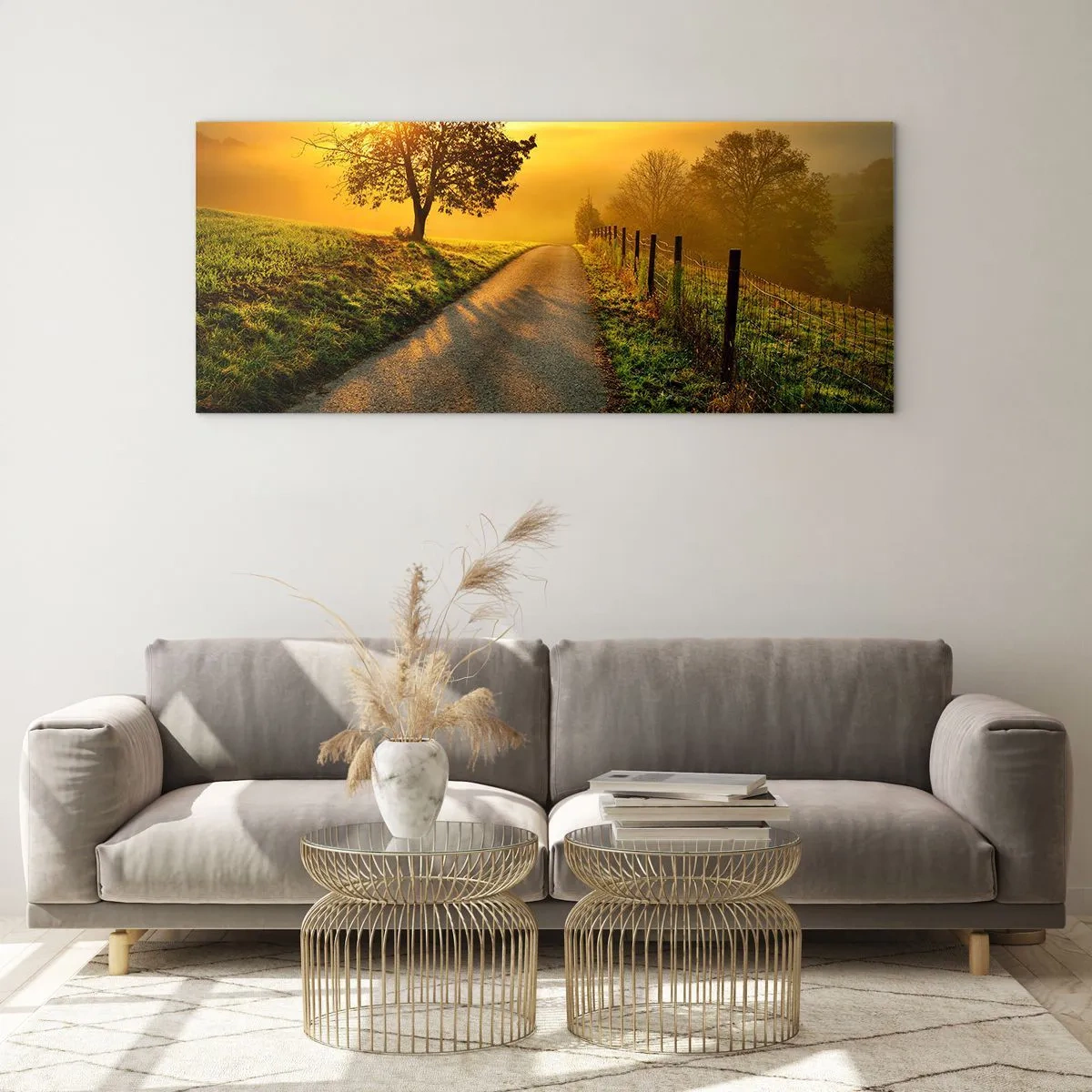 Quadro su vetro - Una strada pittoresca al tramonto con un albero solitario sullo sfondo - 160x50cm - Pomeriggio di miele - Decorazione murale moderna per soggiorno e camera da letto ARTTOR