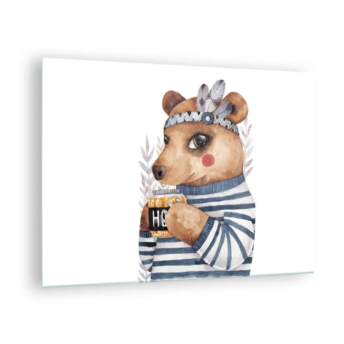 Quadro su vetro - Un orsacchiotto a strisce con una tazza di miele e piume - 70x50cm - Dolce orsetto - Decorazione murale moderna per soggiorno e camera da letto ARTTOR
