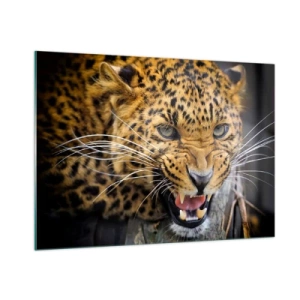 Quadro su vetro - Primo piano di un leopardo aggressivo con dettagli nitidi - 100x70cm - Non avvicinarti, ti avverto! - Decorazione murale moderna per soggiorno e camera da letto ARTTOR