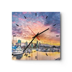 Orologio da parete - Orologio in Vetro - Marina con yacht e paesaggio urbano al tramonto - 30x30cm - La città dei mille marinai - Decorazione murale moderna per soggiorno e camera da letto ARTTOR