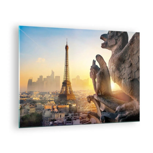 Quadro su vetro - La Torre Eiffel nella nebbia mattutina, con vista su Parigi e sculture gotiche - 70x50cm - Tante cose sono cambiate... - Decorazione murale moderna per soggiorno e camera da letto ARTTOR