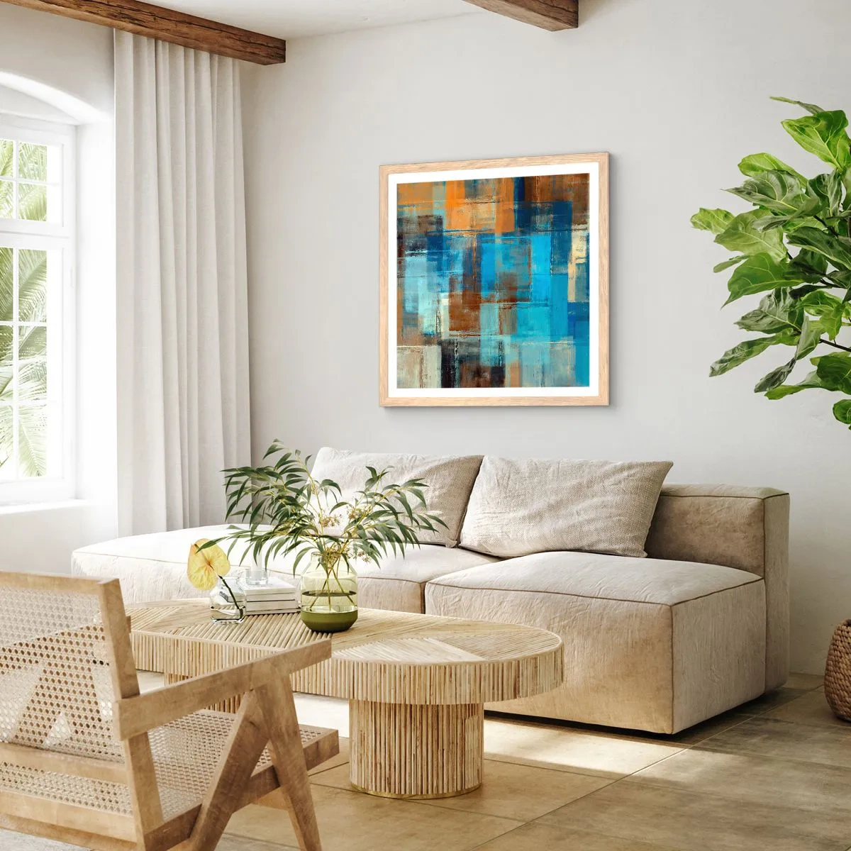 Poster in cornice rovere chiaro - Attraverso la tenda blu - 30x30 cm