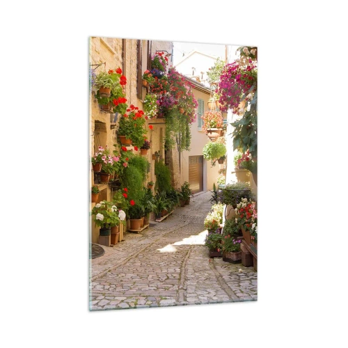 Quadro su vetro - Una strada con fiori in vaso e muri in pietra - 80x120cm - Un'esplosione di fiori - Decorazione murale moderna per soggiorno e camera da letto ARTTOR