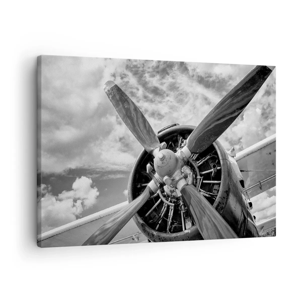 Quadro su tela - Stampe su Tela - Una foto in bianco e nero dell'elica di un aereo contro un cielo dinamico. - 70x50cm - Il dominatore dell'aria - Decorazione murale moderna per soggiorno e camera da letto ARTTOR