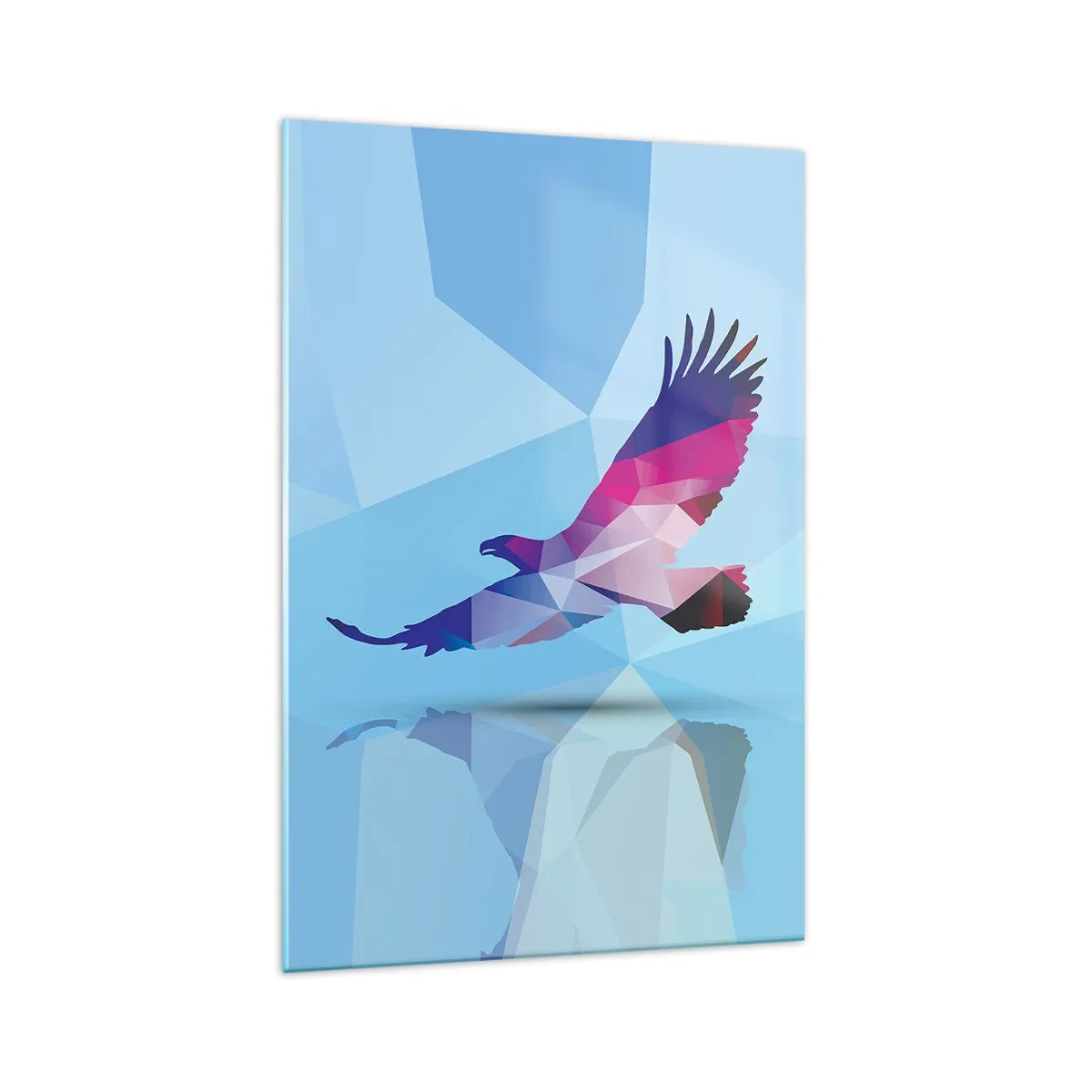Quadro su vetro - Silhouette geometrica di un'aquila in volo su sfondo blu - 70x100cm - L'aquila nel cristallo lilla - Decorazione murale moderna per soggiorno e camera da letto ARTTOR