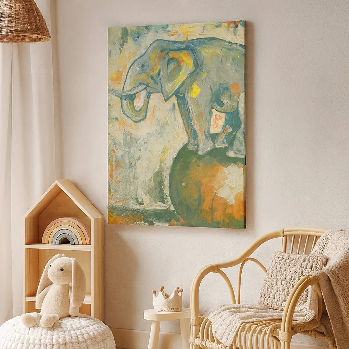 Quadro su tela - Stampe su Tela - Un elefante in equilibrio su una palla in stile artistico - 50x70cm - Evviva il circo! - Decorazione murale moderna per soggiorno e camera da letto ARTTOR