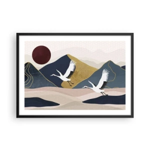 Poster in cornice nera - Gru in volo sullo sfondo di montagne e un sole rosso - 70x50cm - E la giornata è nuovamente VOLATA - Decorazione murale moderna per soggiorno e camera da letto ARTTOR