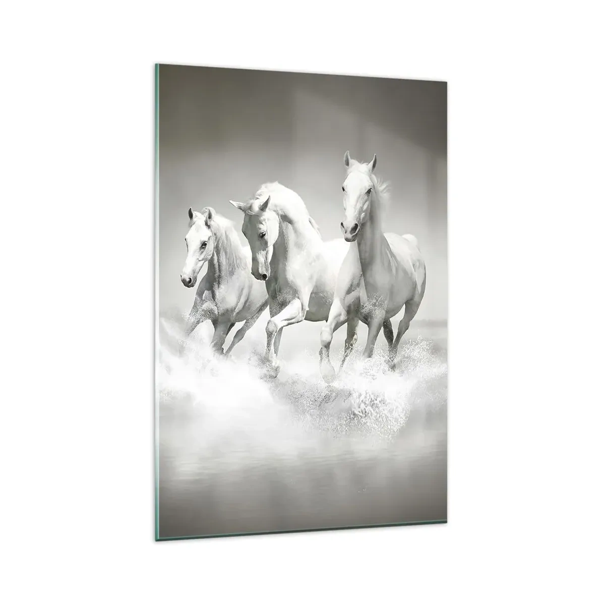 Quadro su vetro - Tre cavalli bianchi che galoppano nell'acqua - 80x120cm - Estasi bianca - Decorazione murale moderna per soggiorno e camera da letto ARTTOR