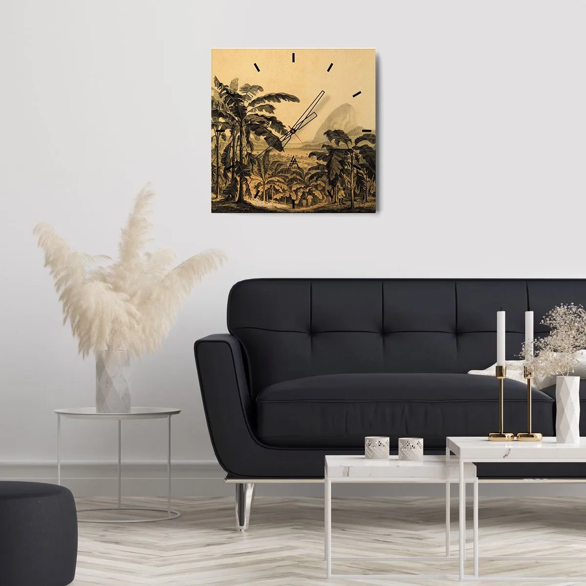 Orologio da parete - Orologio in Vetro - Disegno di alberi di banana su uno sfondo di paesaggio tropicale - 30x30cm - Nel clima coloniale - Decorazione murale moderna per soggiorno e camera da letto ARTTOR