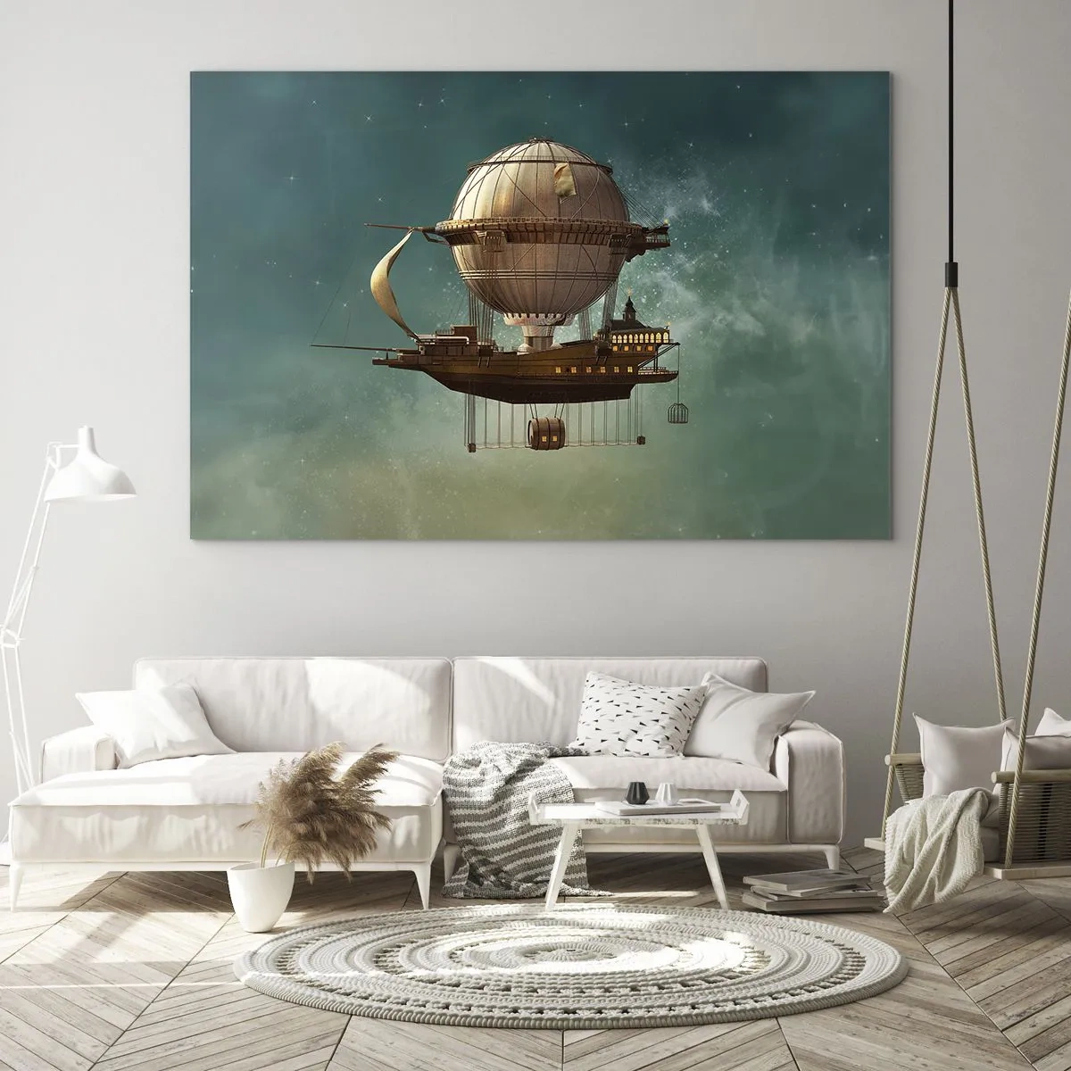 Quadro su vetro - Un dirigibile volante con una casa in stile retrò nel cielo - 120x80cm - Saluti da Jules Verne - Decorazione murale moderna per soggiorno e camera da letto ARTTOR