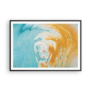 Poster in cornice nera - Onde astratte nei toni del blu e dell'oro su tela - 100x70cm - Vortice pastello - Decorazione murale moderna per soggiorno e camera da letto ARTTOR