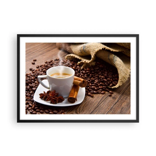 Poster in cornice nera - Una tazza di caffè con cannella e anice su uno sfondo di chicchi di caffè - 70x50cm - Sapore e profumo speziato - Decorazione murale moderna per soggiorno e camera da letto ARTTOR