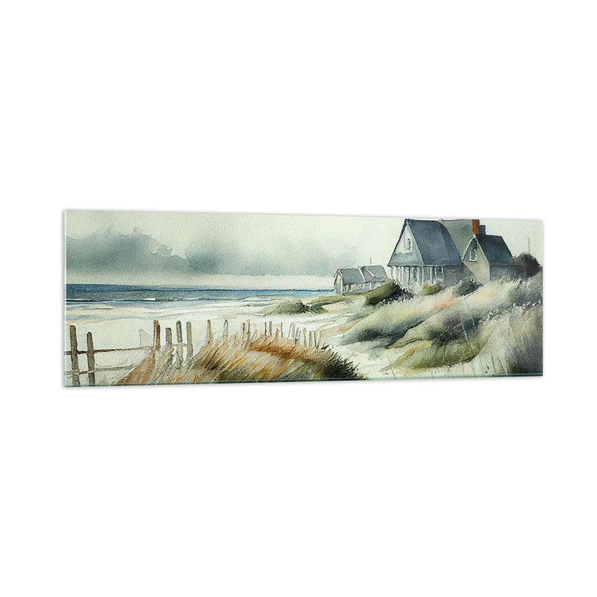 Quadro su vetro - Una casa al mare circondata dal prato e con vista sul mare - 160x50cm - Lontano dal caos - Decorazione murale moderna per soggiorno e camera da letto ARTTOR