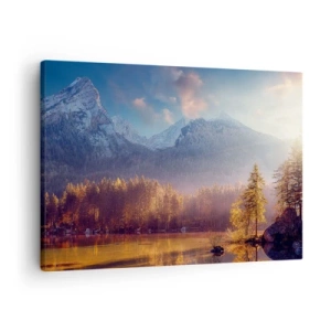 Quadro su tela - Stampe su Tela - Vista pittoresca della foresta di montagna e del lago all'alba - 70x50cm - Sui monti e nelle valli - Decorazione murale moderna per soggiorno e camera da letto ARTTOR