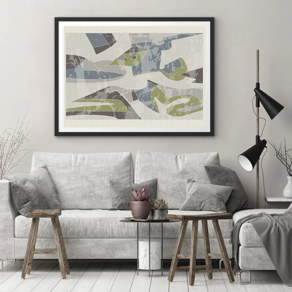 Poster in cornice nera - Forme astratte in verde e blu su uno sfondo chiaro - 100x70cm - Composizione oltre il vetro - Decorazione murale moderna per soggiorno e camera da letto ARTTOR