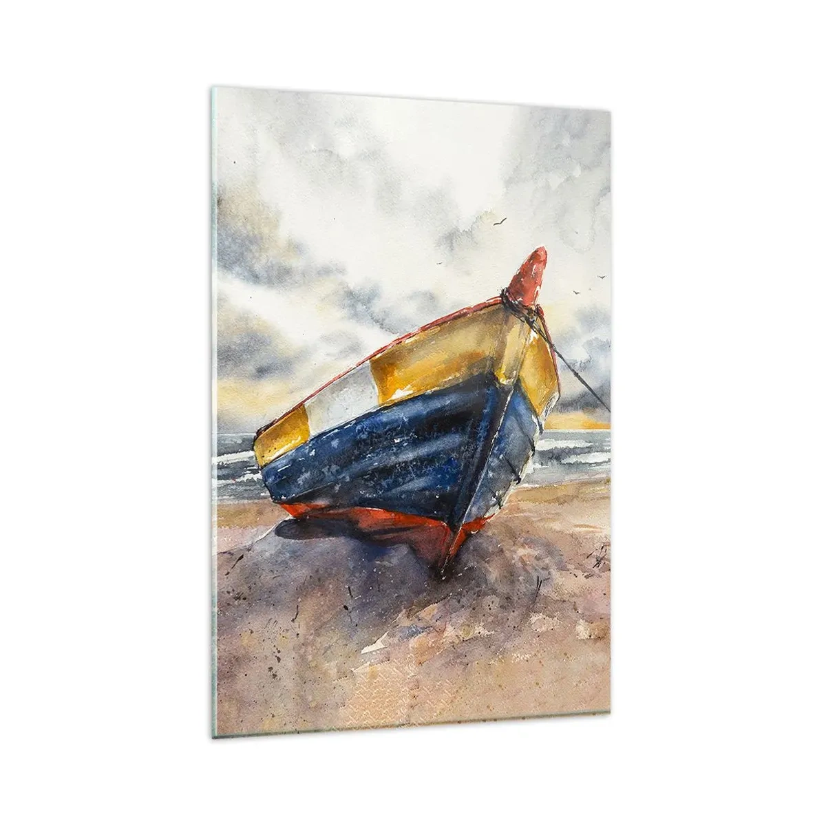 Quadro su vetro - Una pittoresca barca sulla spiaggia sotto un cielo nuvoloso - 80x120cm - Riposo sulla riva - Decorazione murale moderna per soggiorno e camera da letto ARTTOR