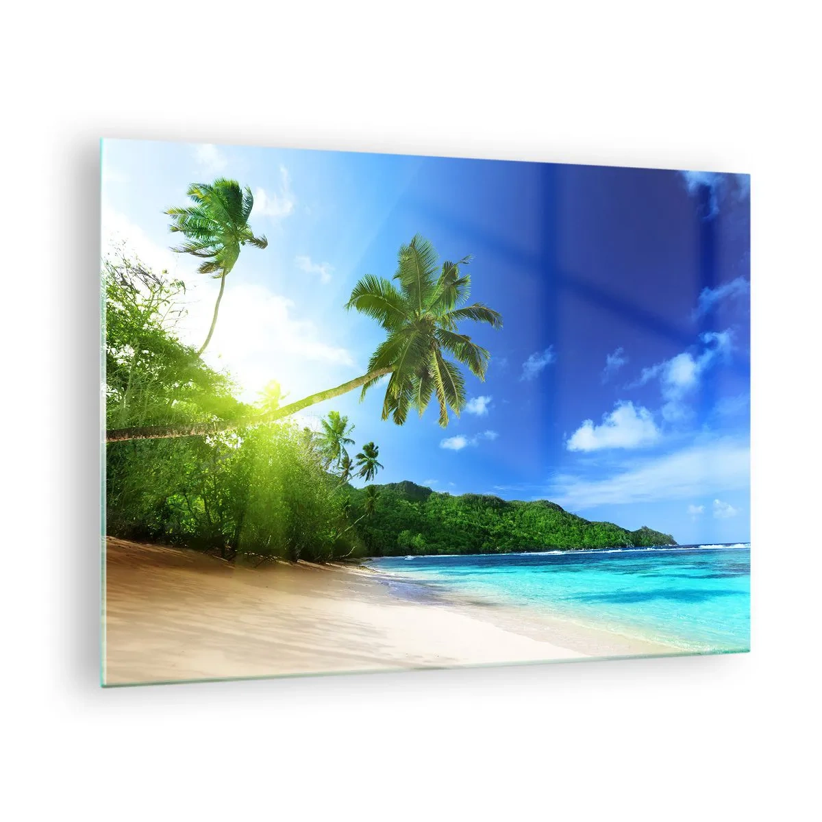 Quadro su vetro - Spiaggia tropicale con palme e acqua cristallina - 70x50cm - Il lieve tocco dei tropici - Decorazione murale moderna per soggiorno e camera da letto ARTTOR