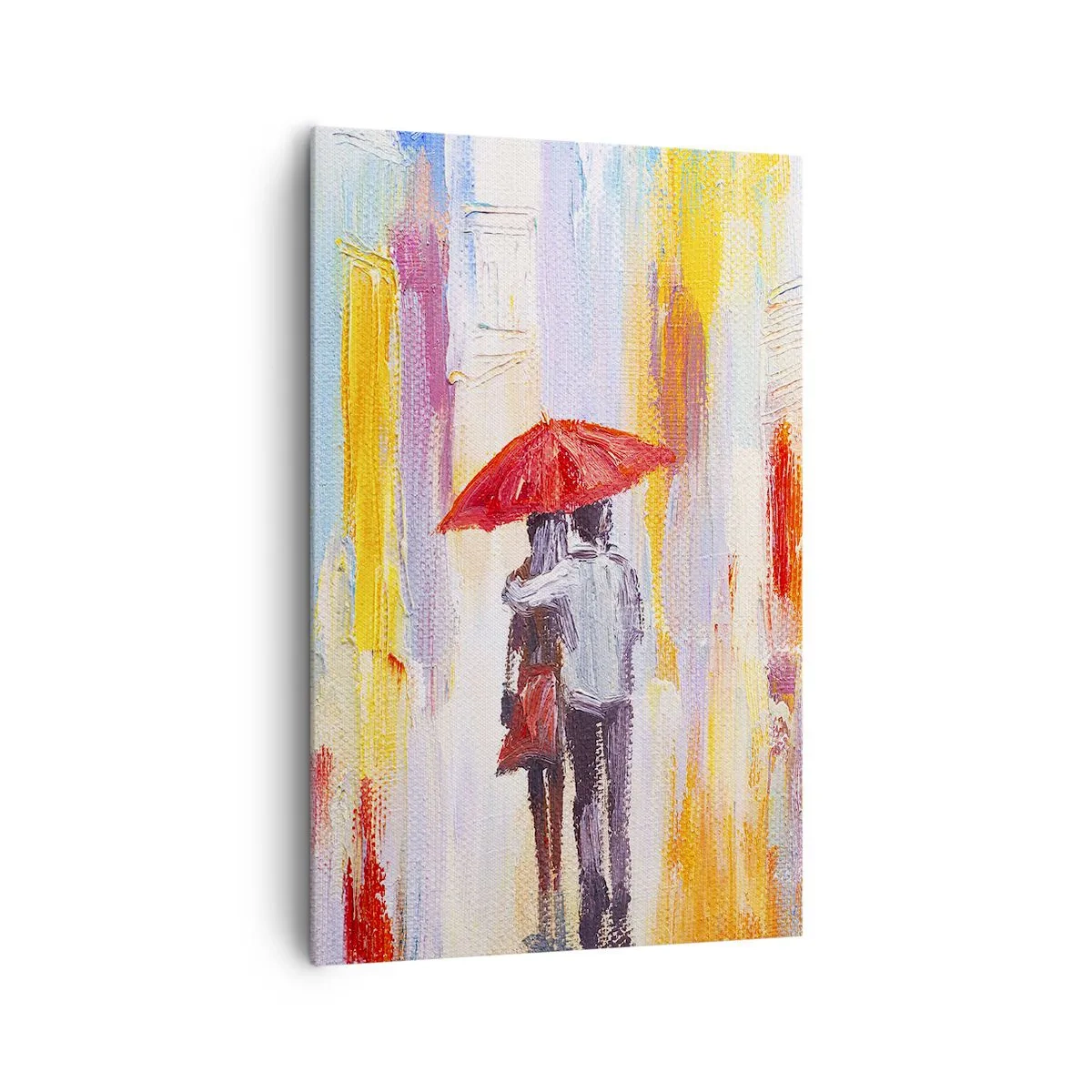 Quadro su tela - Stampe su Tela - Una coppia sotto un ombrello rosso con edifici colorati sullo sfondo. - 80x120cm - Che piova ancora - Decorazione murale moderna per soggiorno e camera da letto ARTTOR
