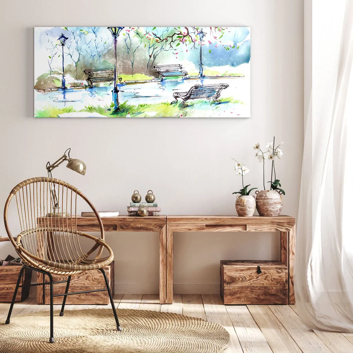 Quadro su tela - Stampe su Tela - Scena di parco ad acquerello con panchine e lampade - 140x50cm - Il fascino del silenzio del parco - Decorazione murale moderna per soggiorno e camera da letto ARTTOR