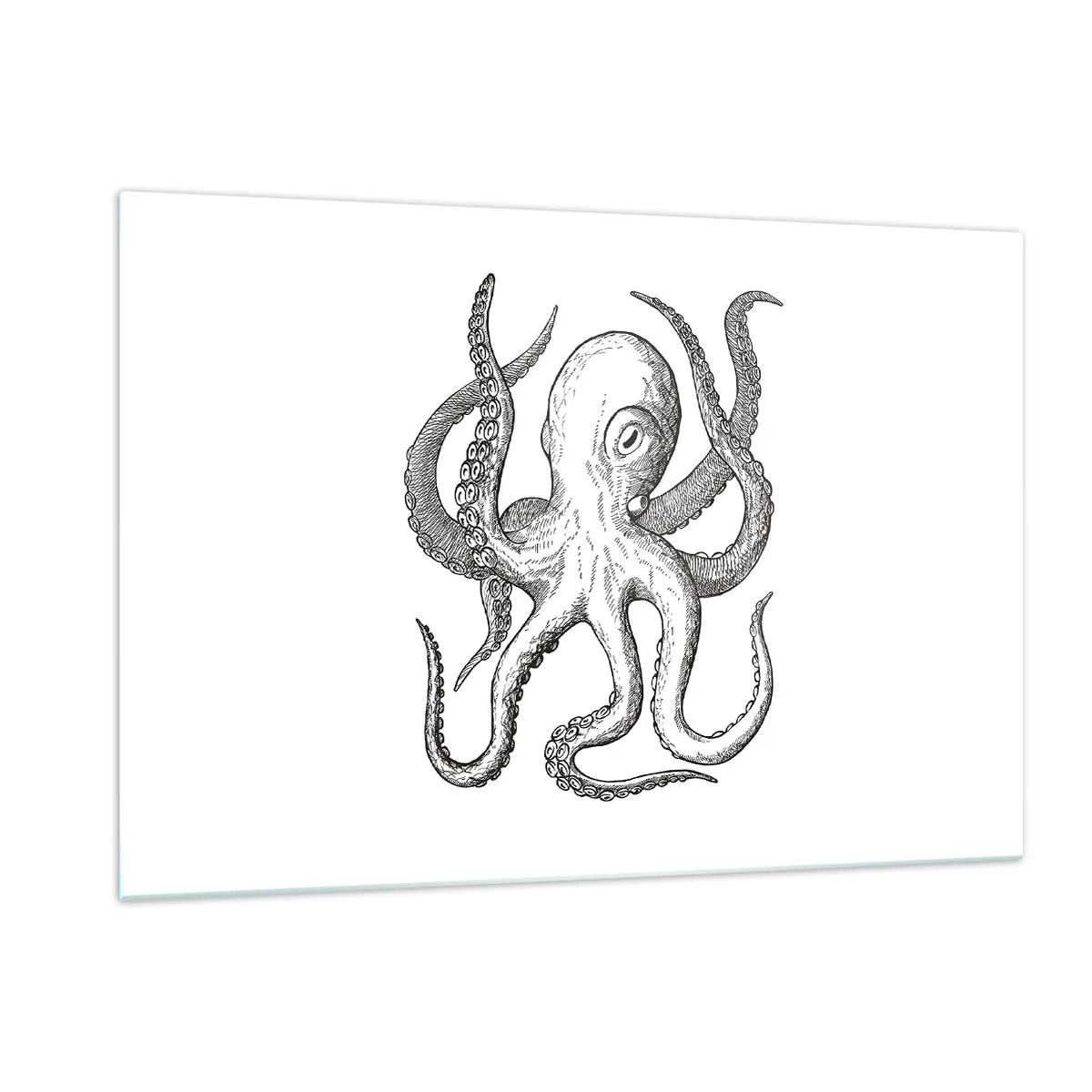 Quadro su vetro - Disegno in bianco e nero di un polpo su sfondo bianco - 120x80cm - Ballando con le onde - Decorazione murale moderna per soggiorno e camera da letto ARTTOR