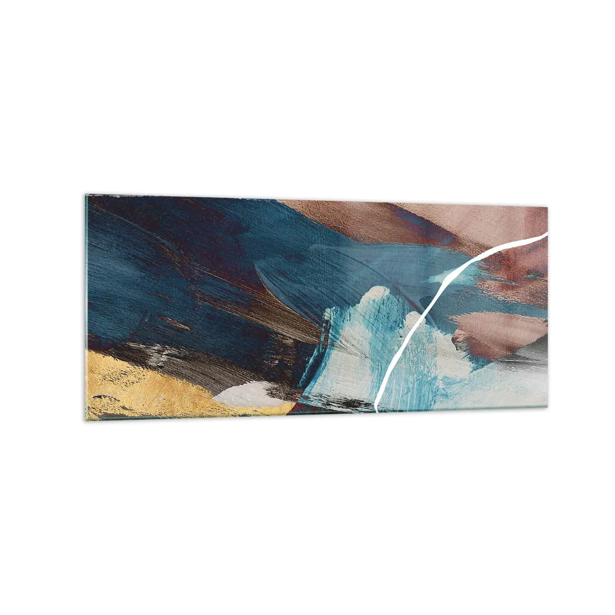 Quadro su vetro - Pennellate astratte nei toni del blu e dell'oro - 120x50cm - Con forza ed energia - Decorazione murale moderna per soggiorno e camera da letto ARTTOR