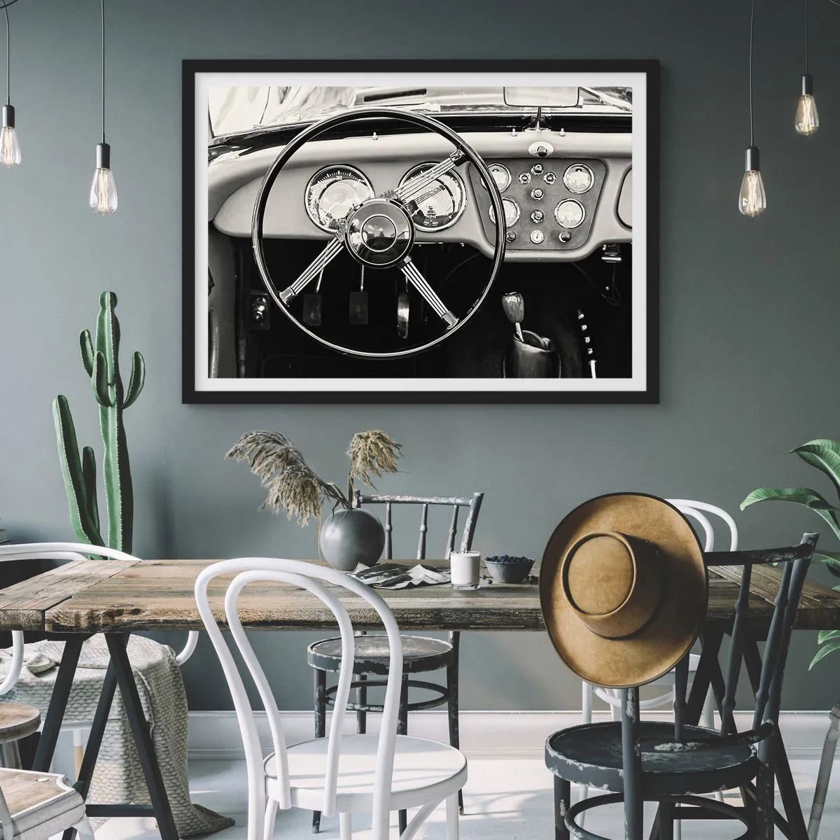 Poster in cornice nera - Interni di auto d'epoca in bianco e nero - 100x70cm - Il sogno del collezionista - Decorazione murale moderna per soggiorno e camera da letto ARTTOR