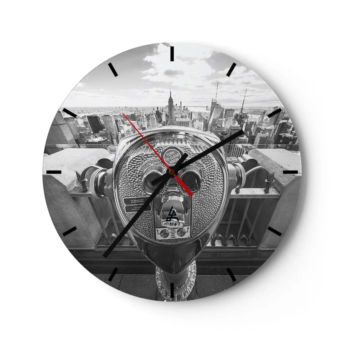 Orologio da parete - Orologio in Vetro - Binocolo turistico puntato sullo skyline di New York - 30x30cm - Il centro del mondo - Decorazione murale moderna per soggiorno, cucina e camera da letto ARTTOR