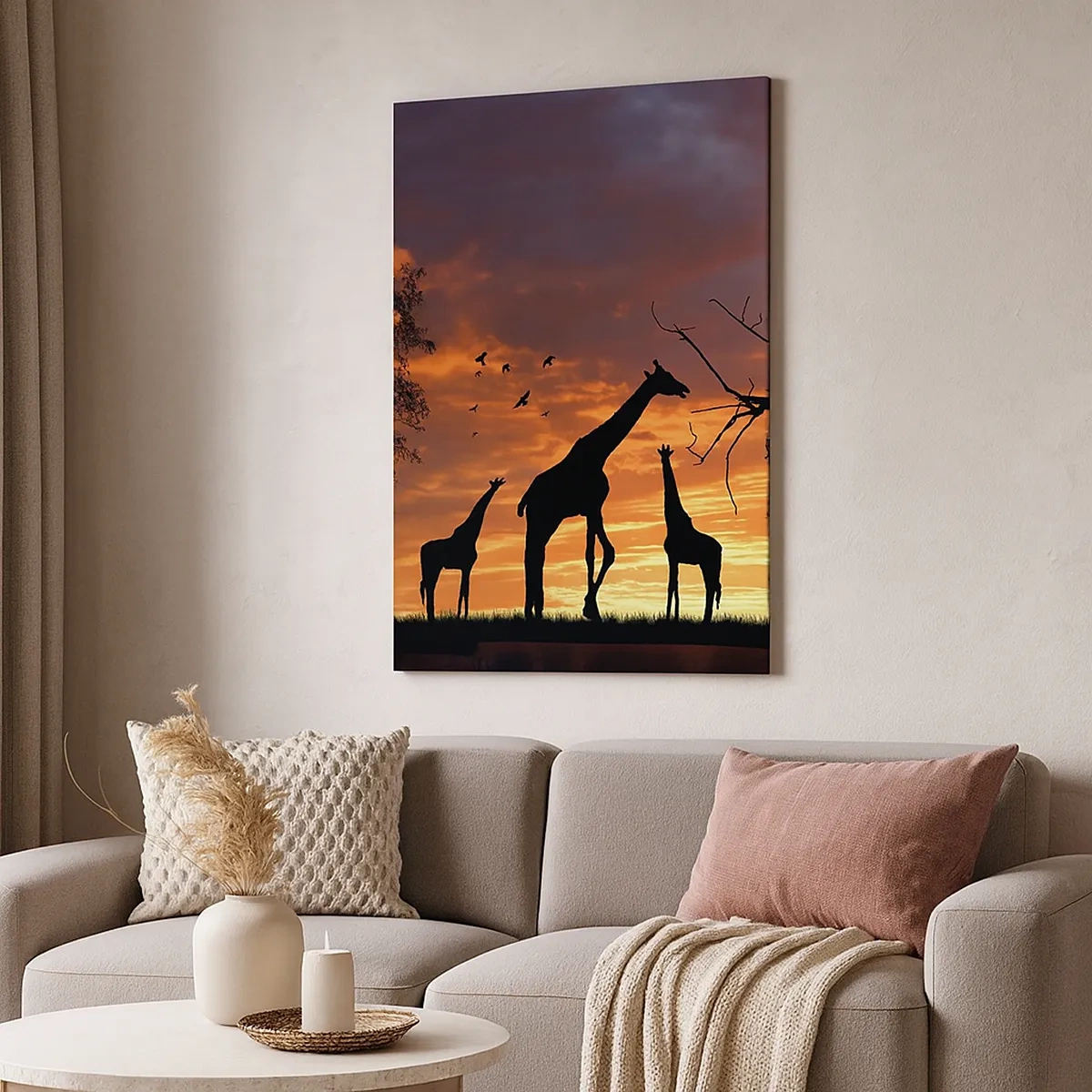Quadro su tela - Stampe su Tela - Sagome di giraffe sullo sfondo del tramonto africano - 50x70cm - Piccola cena tra amici - Decorazione murale moderna per soggiorno e camera da letto ARTTOR