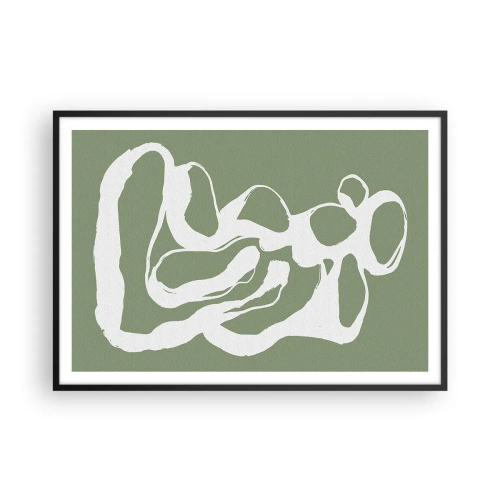Poster in cornice nera - Forme organiche in bianco su sfondo verde - 100x70cm - Il richiamo dello spazio - Decorazione murale moderna per soggiorno e camera da letto ARTTOR