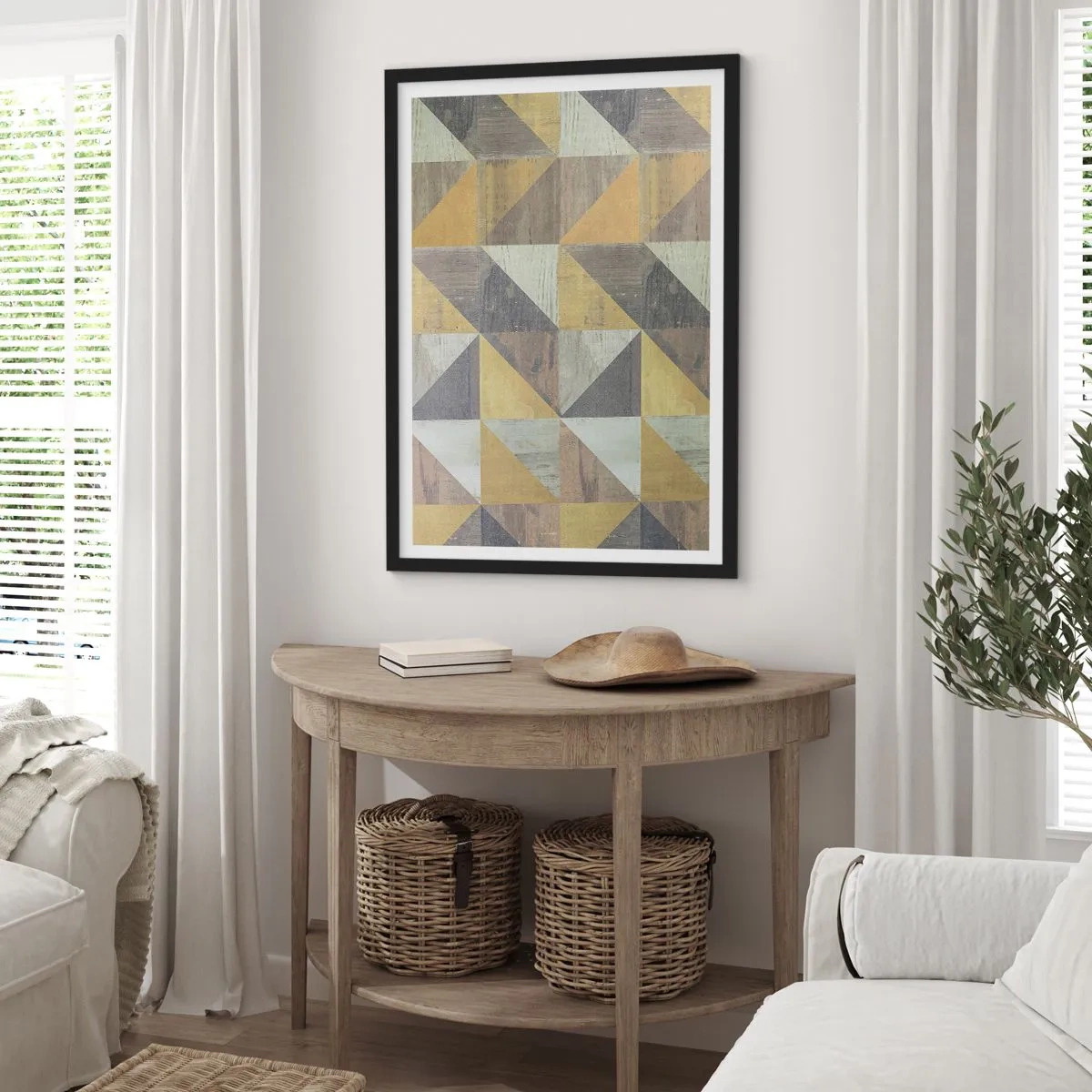 Poster in cornice nera - Motivo geometrico nei toni dell'oro e del grigio - 50x70cm - Secondo i triangoli - Decorazione murale moderna per soggiorno e camera da letto ARTTOR