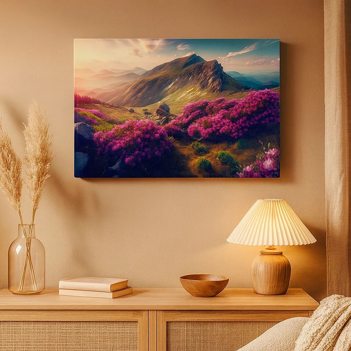 Quadro su tela - Stampe su Tela - Paesaggio montano con rododendri in fiore - 70x50cm - L'estate sui monti - Decorazione murale moderna per soggiorno e camera da letto ARTTOR