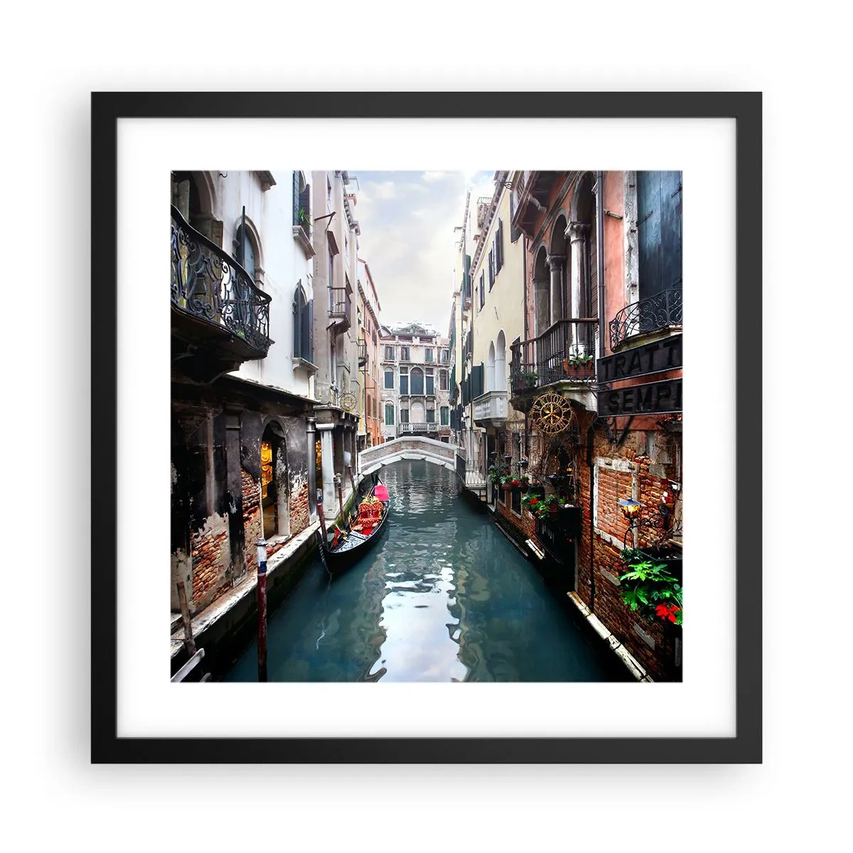 Poster in cornice nera - Paesaggio veneziano con gondola e ponte - 40x40 cm