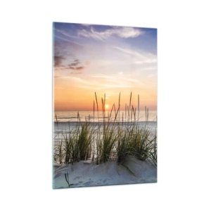 Quadro su vetro - Tramonto su una spiaggia erbosa - 50x70cm - Guarda, pensa, senti - Decorazione murale moderna per soggiorno e camera da letto ARTTOR
