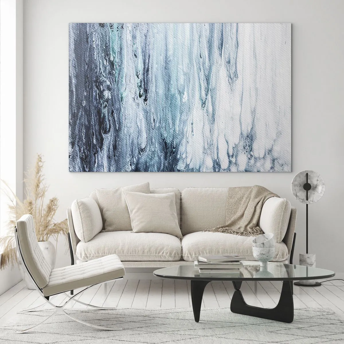 Quadro su vetro - Un motivo astratto che ricorda i corsi d'acqua nelle tonalità del blu. - 70x50cm - Ghiaccio blu - Decorazione murale moderna per soggiorno e camera da letto ARTTOR